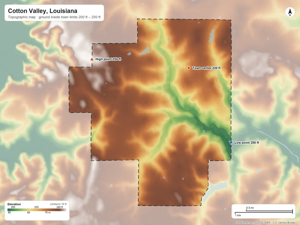 Topographic elevation map of Cotton Valley, Louisiana, shaded from 200 ft on the southeast side to 250 ft on the west side
