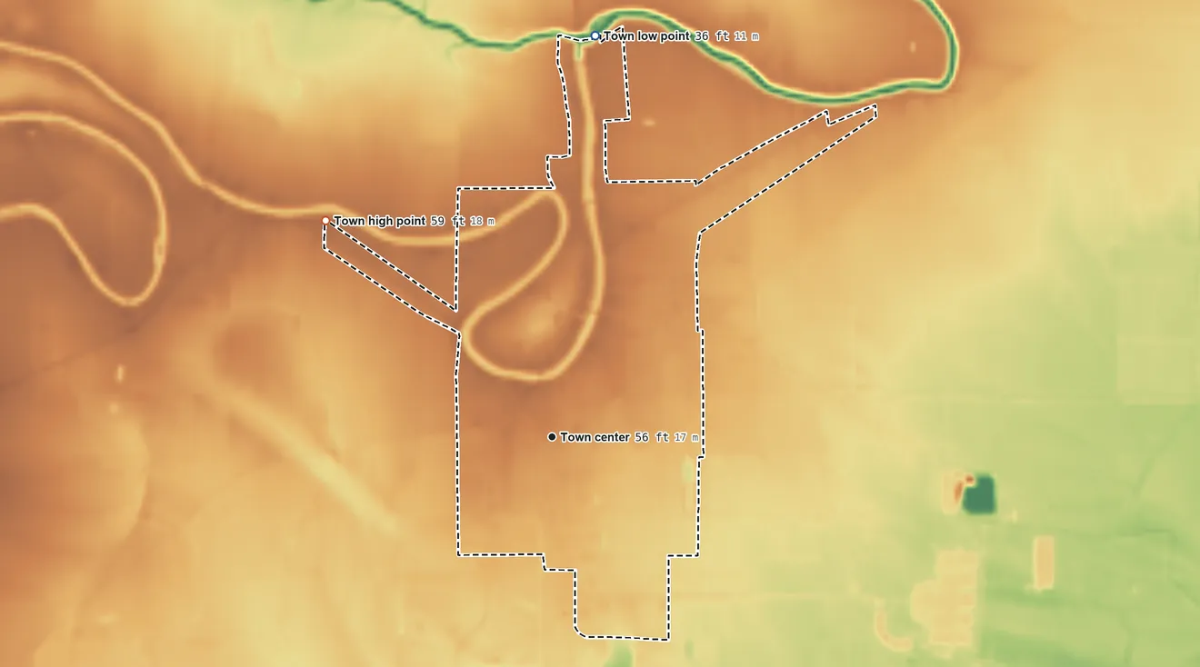 Topographic elevation map of Cottonport, Louisiana, shaded from 36 ft on the north side to 59 ft on the northwest side