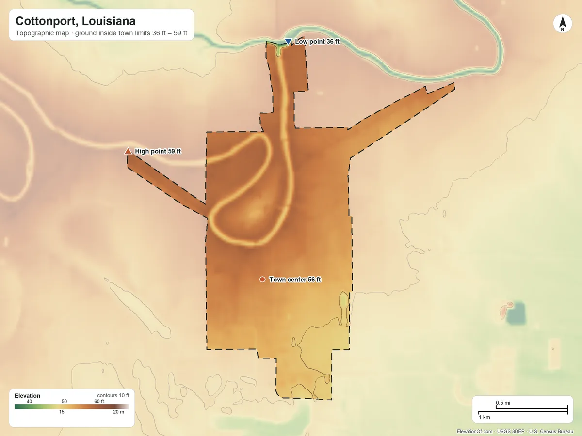 Topographic elevation map of Cottonport, Louisiana, shaded from 36 ft on the north side to 59 ft on the northwest side