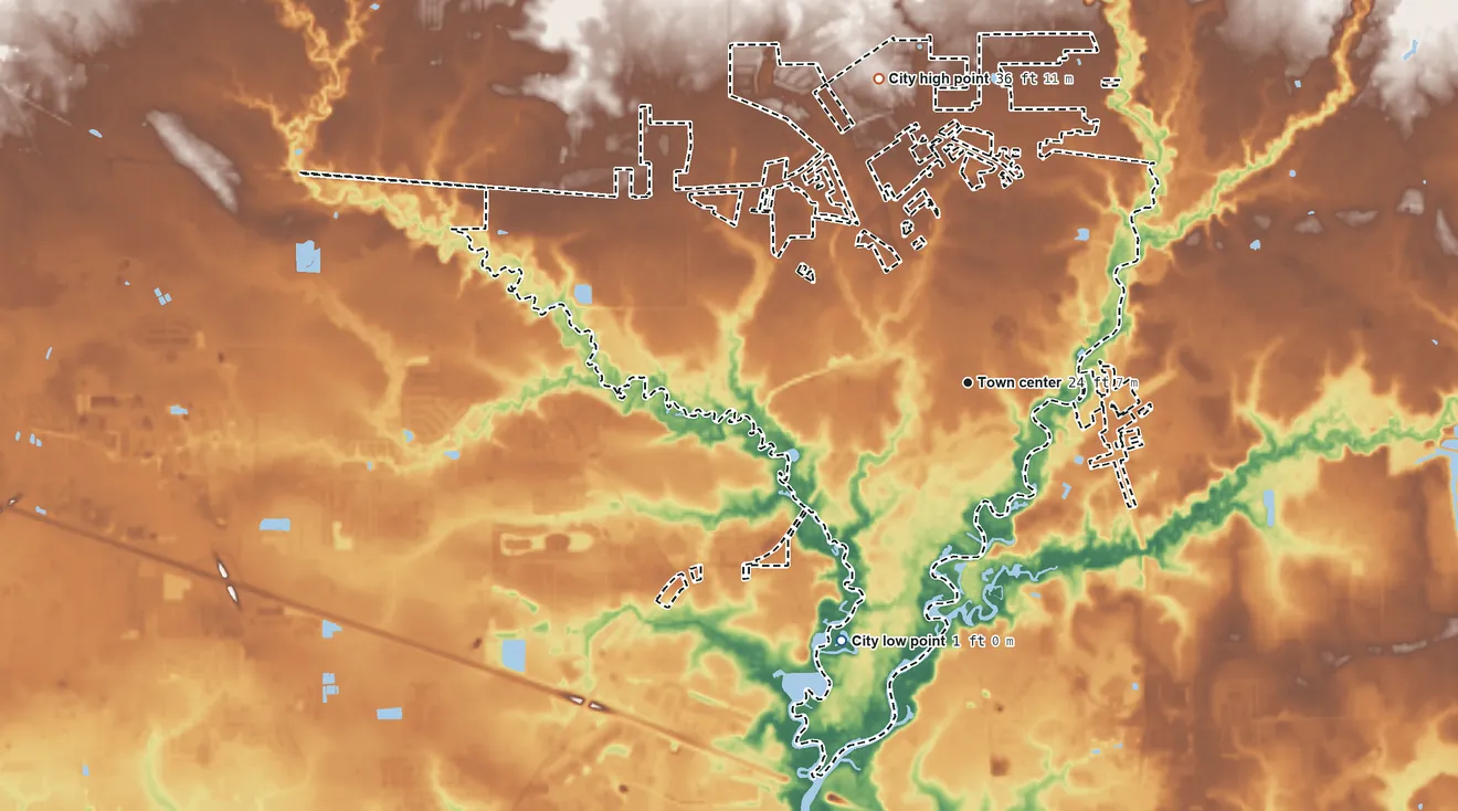 Topographic elevation map of Covington, Louisiana, shaded from 1 ft on the southwest side to 36 ft on the north side