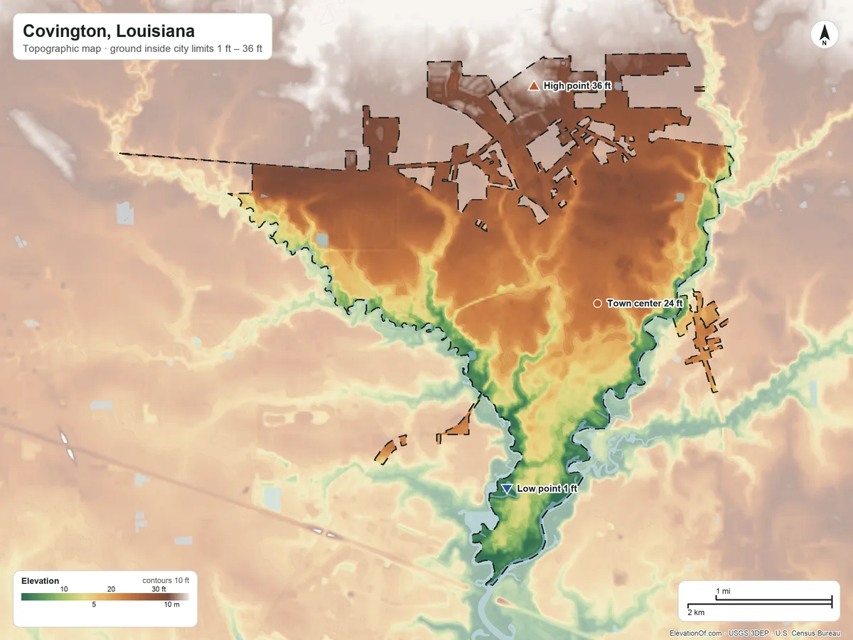 Topographic elevation map of Covington, Louisiana, shaded from 1 ft on the southwest side to 36 ft on the north side