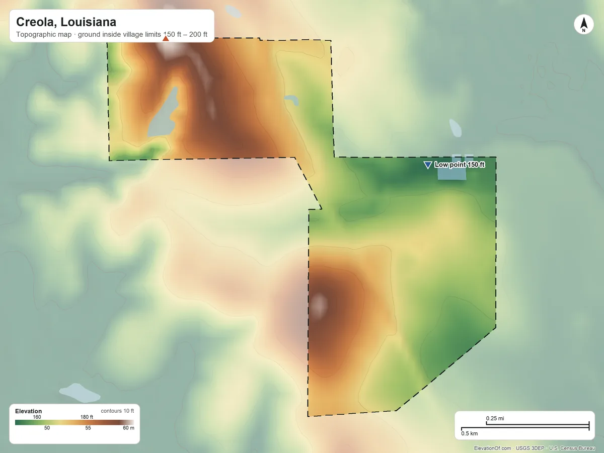 Topographic elevation map of Creola, Louisiana, shaded from 150 ft on the east side to 200 ft on the northwest side