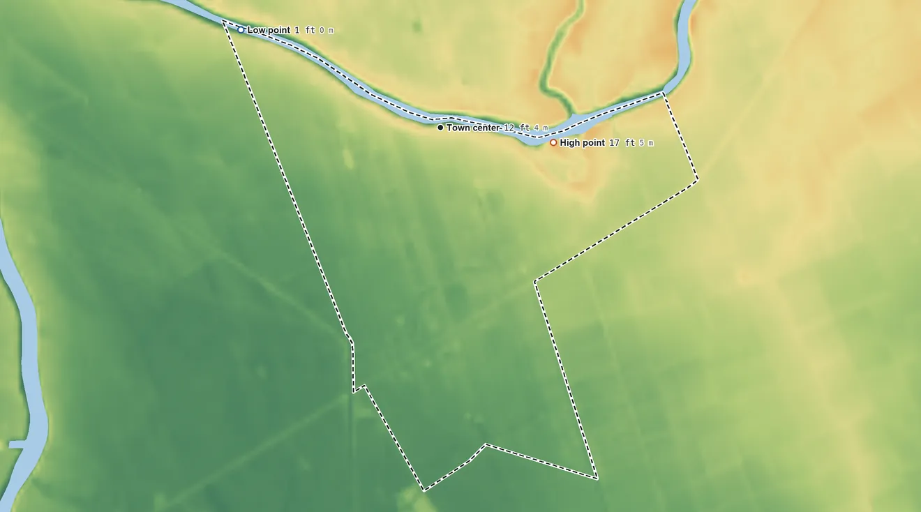 Topographic elevation map of Crescent, Louisiana, shaded from 1 ft on the northwest side to 17 ft on the east side