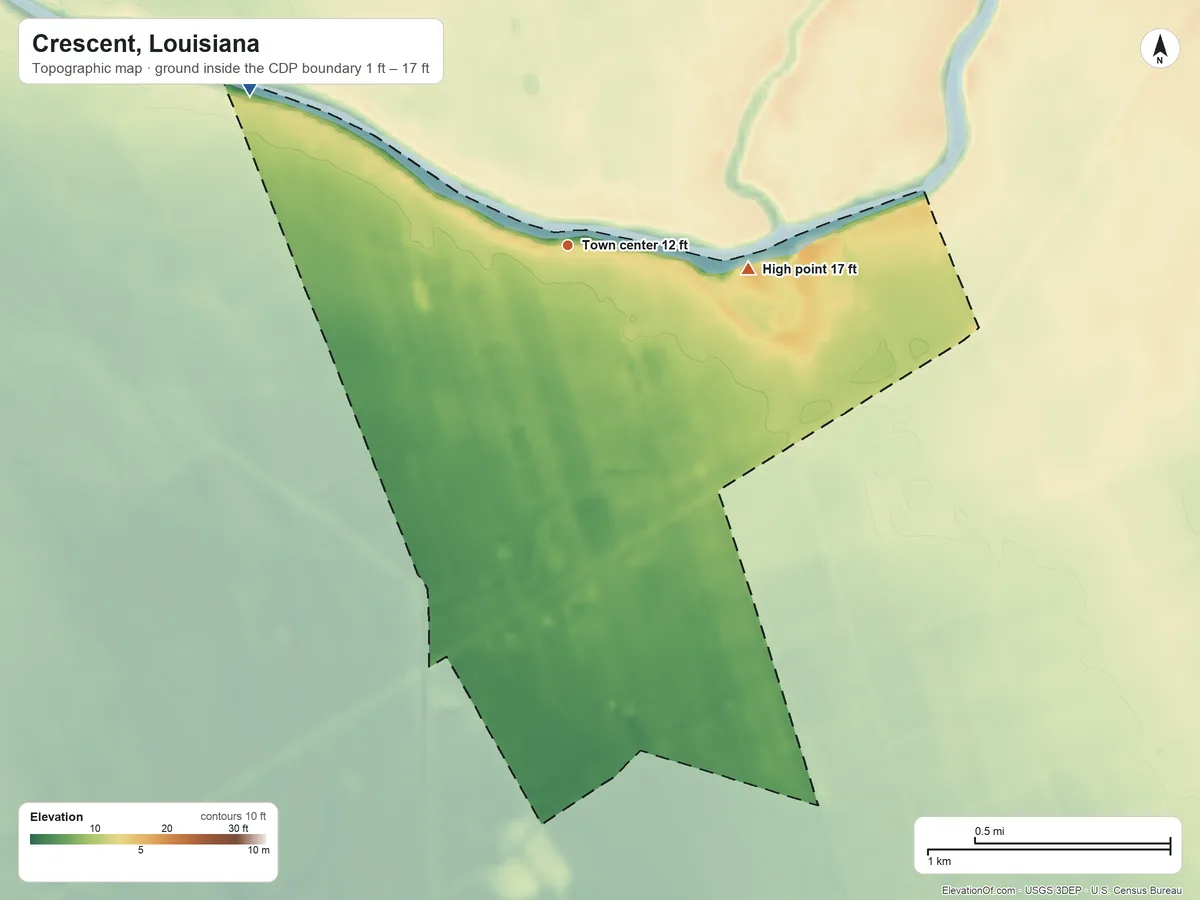 Topographic elevation map of Crescent, Louisiana, shaded from 1 ft on the northwest side to 17 ft on the east side