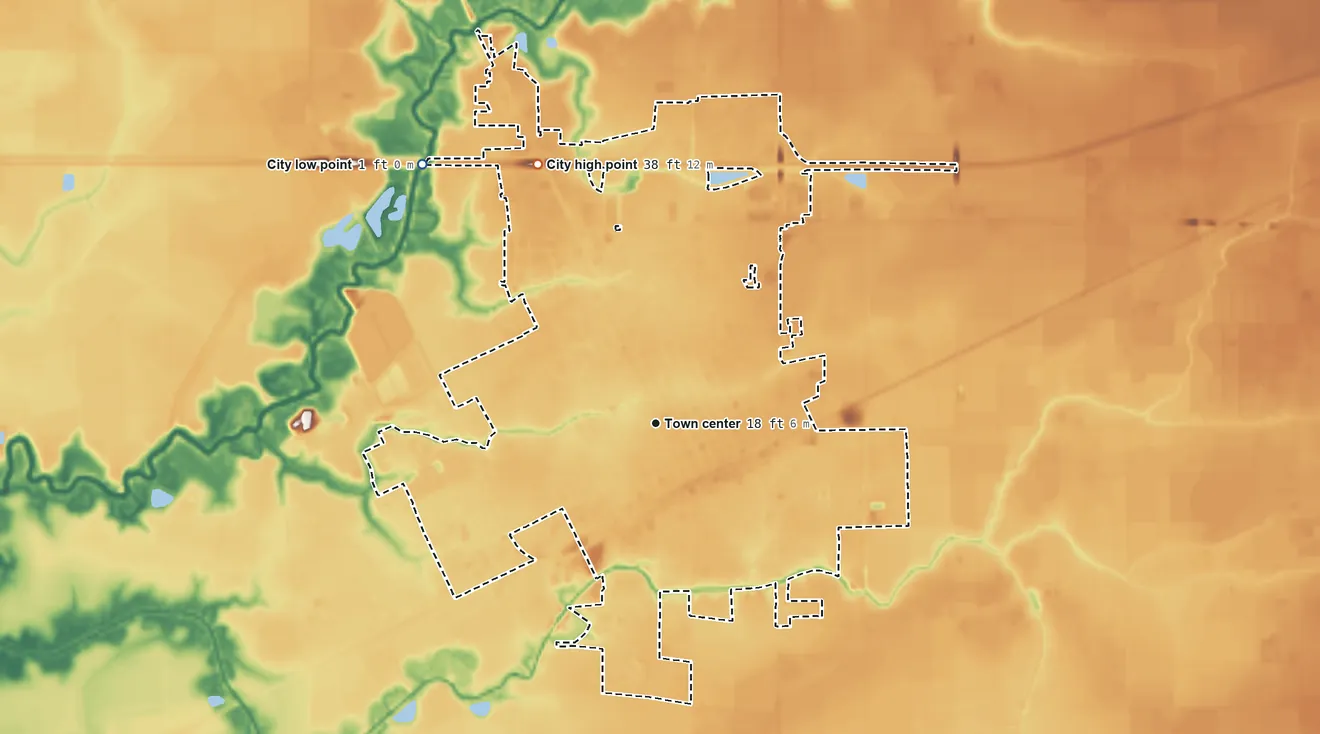 Topographic elevation map of Crowley, Louisiana, shaded from 1 ft on the northwest side to 38 ft on the northwest side