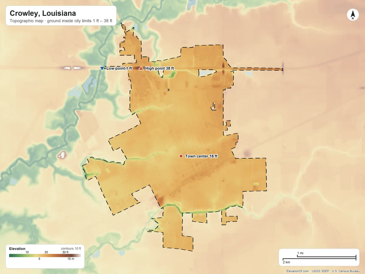 Topographic elevation map of Crowley, Louisiana, shaded from 1 ft on the northwest side to 38 ft on the northwest side