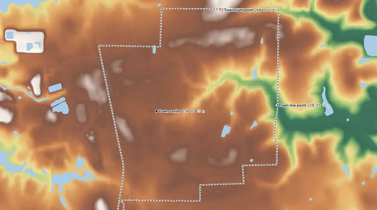 Topographic elevation map of Cullen, Louisiana, shaded from 220 ft on the east side to 260 ft on the northeast side