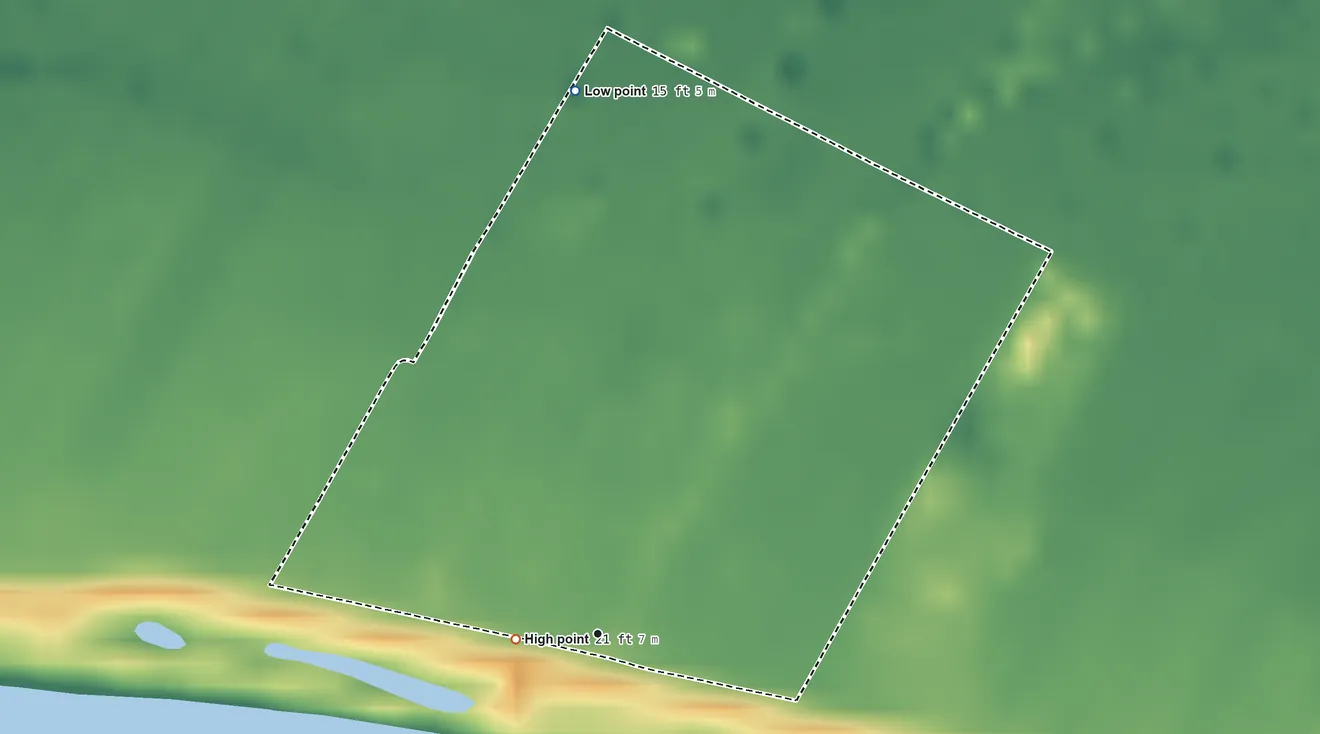 Topographic elevation map of Darrow, Louisiana, shaded from 15 ft on the north side to 21 ft near the middle