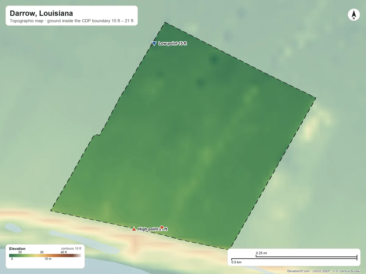 Topographic elevation map of Darrow, Louisiana, shaded from 15 ft on the north side to 21 ft near the middle
