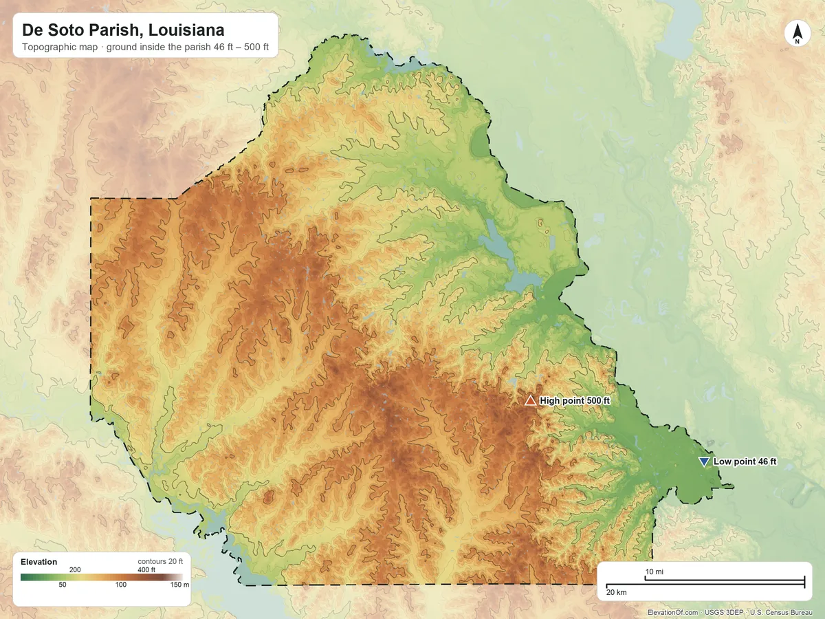 Topographic elevation map of De Soto Parish, Louisiana, shaded from 46 ft on the southeast side to 500 ft on the southeast side