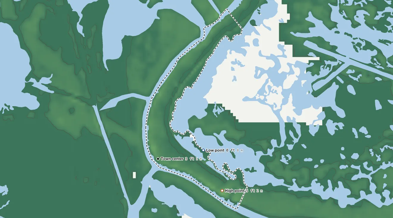 Topographic elevation map of Delacroix, Louisiana, shaded from 0 ft on the east side to 5 ft on the southeast side