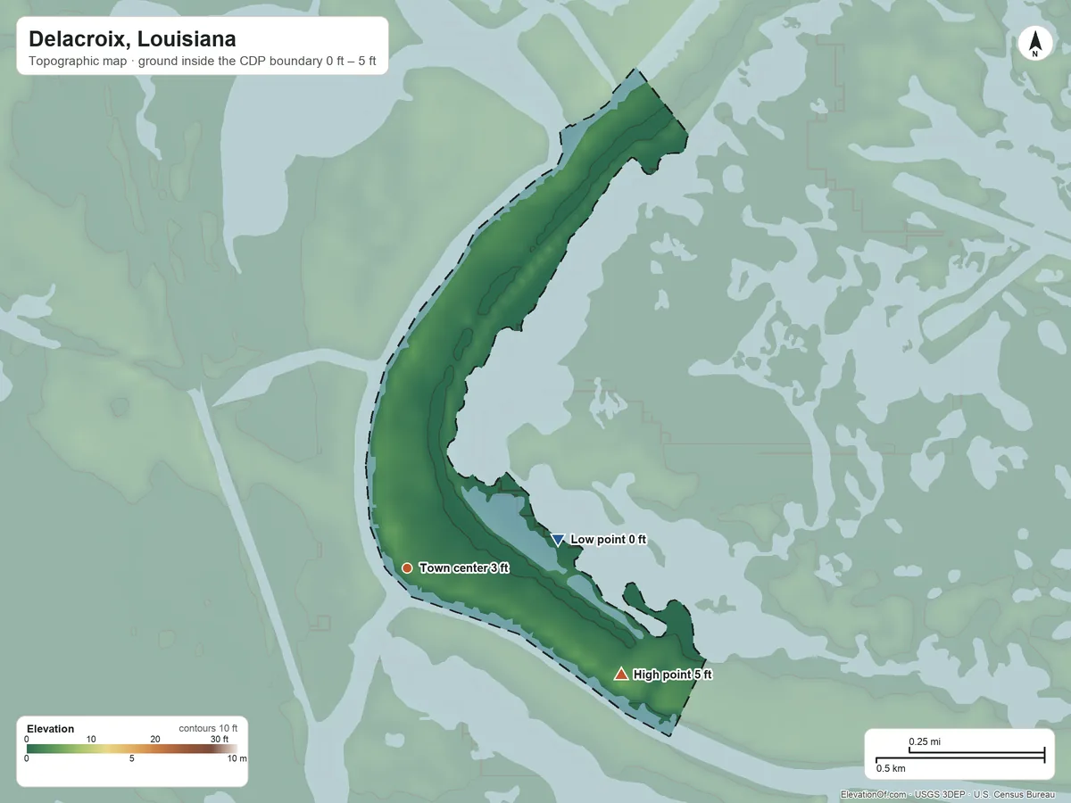 Topographic elevation map of Delacroix, Louisiana, shaded from 0 ft on the east side to 5 ft on the southeast side