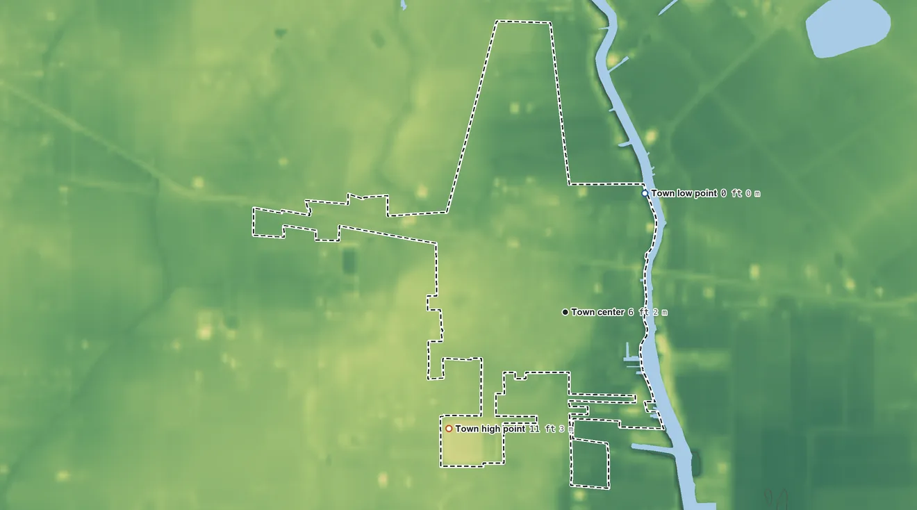 Topographic elevation map of Delcambre, Louisiana, shaded from 0 ft on the northeast side to 11 ft on the southwest side