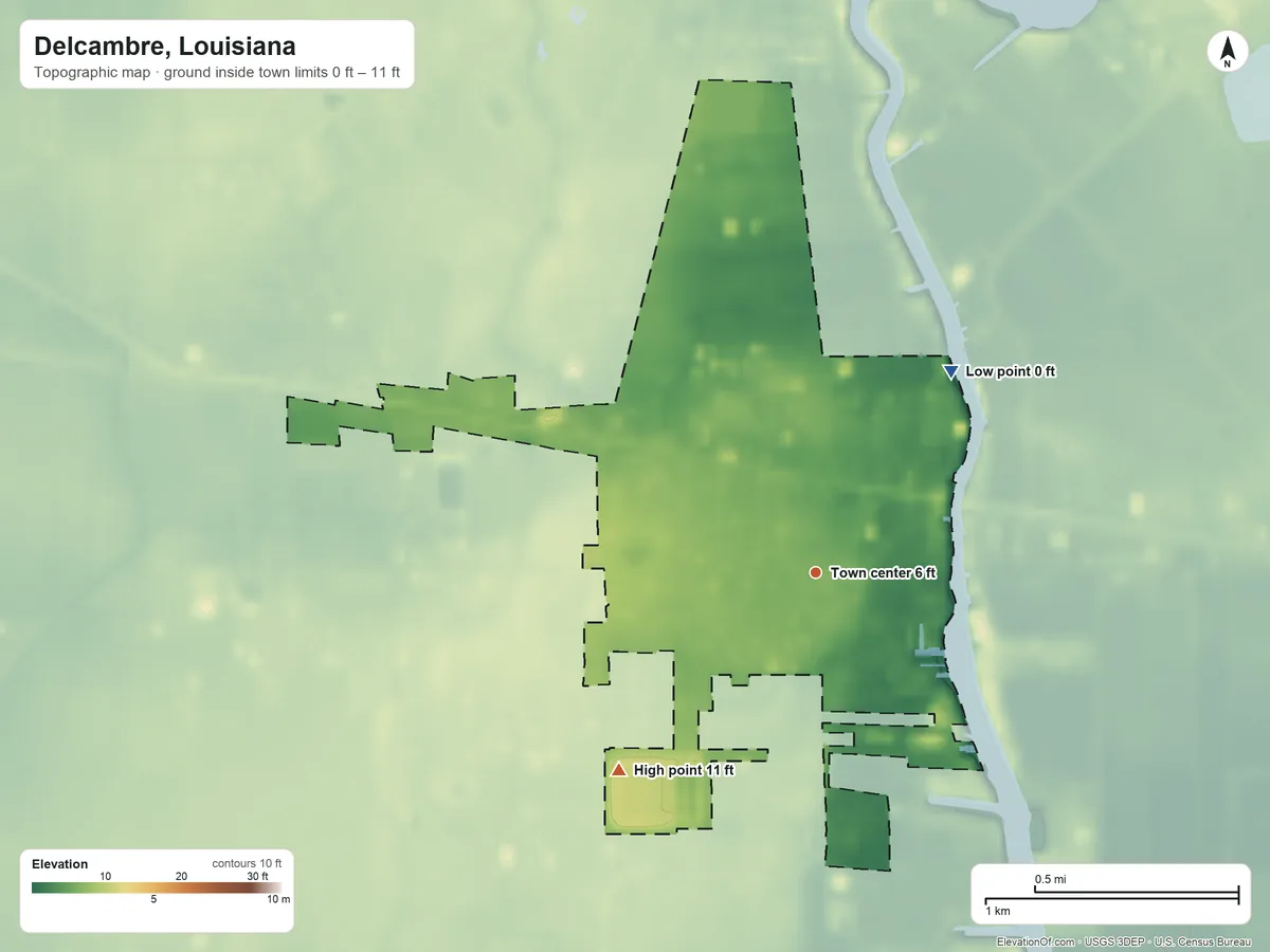 Topographic elevation map of Delcambre, Louisiana, shaded from 0 ft on the northeast side to 11 ft on the southwest side