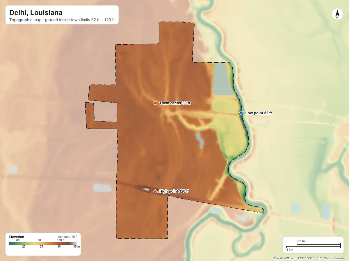 Topographic elevation map of Delhi, Louisiana, shaded from 52 ft on the east side to 120 ft on the south side