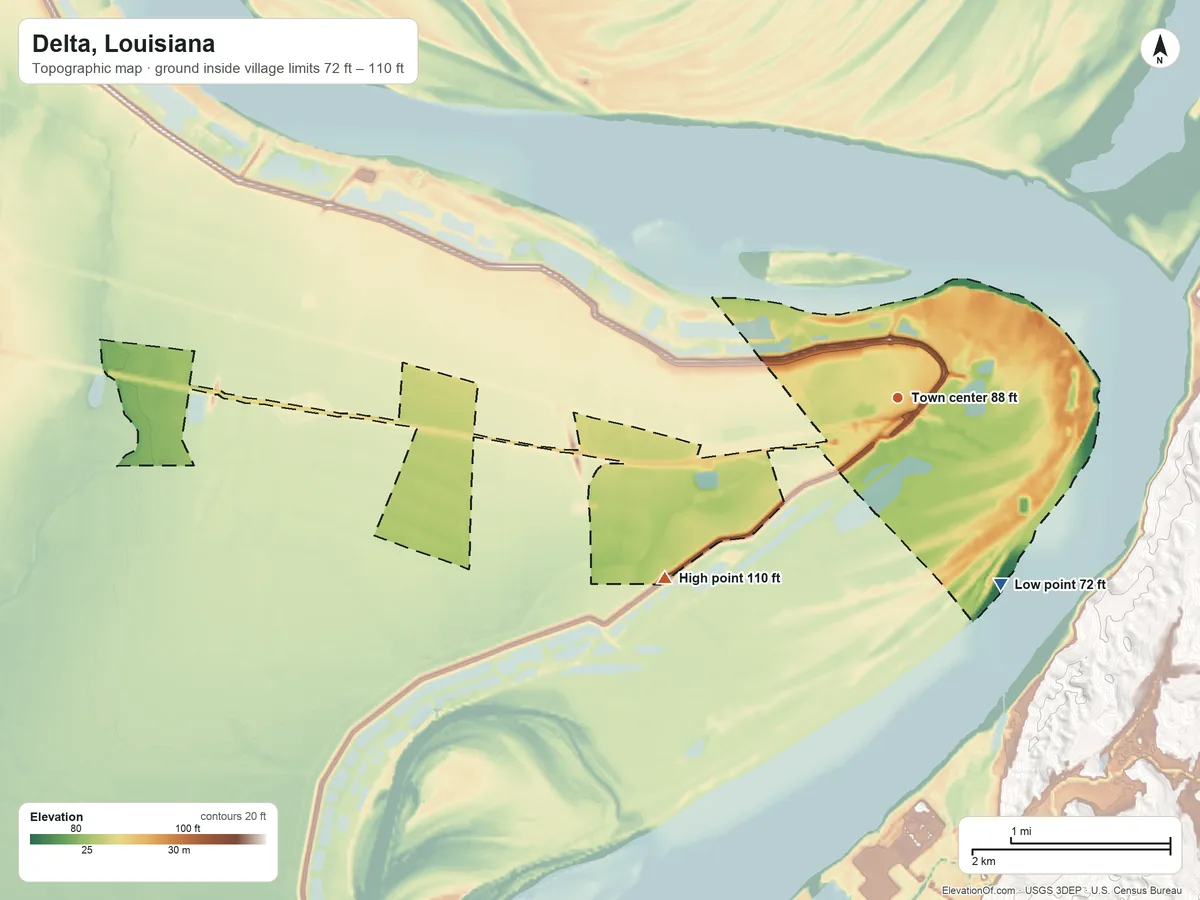 Topographic elevation map of Delta, Louisiana, shaded from 72 ft on the southeast side to 110 ft on the southwest side