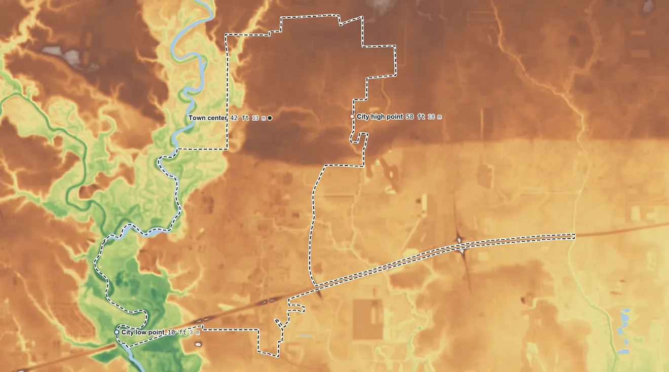 Topographic elevation map of Denham Springs, Louisiana, shaded from 10 ft on the southwest side to 58 ft on the east side
