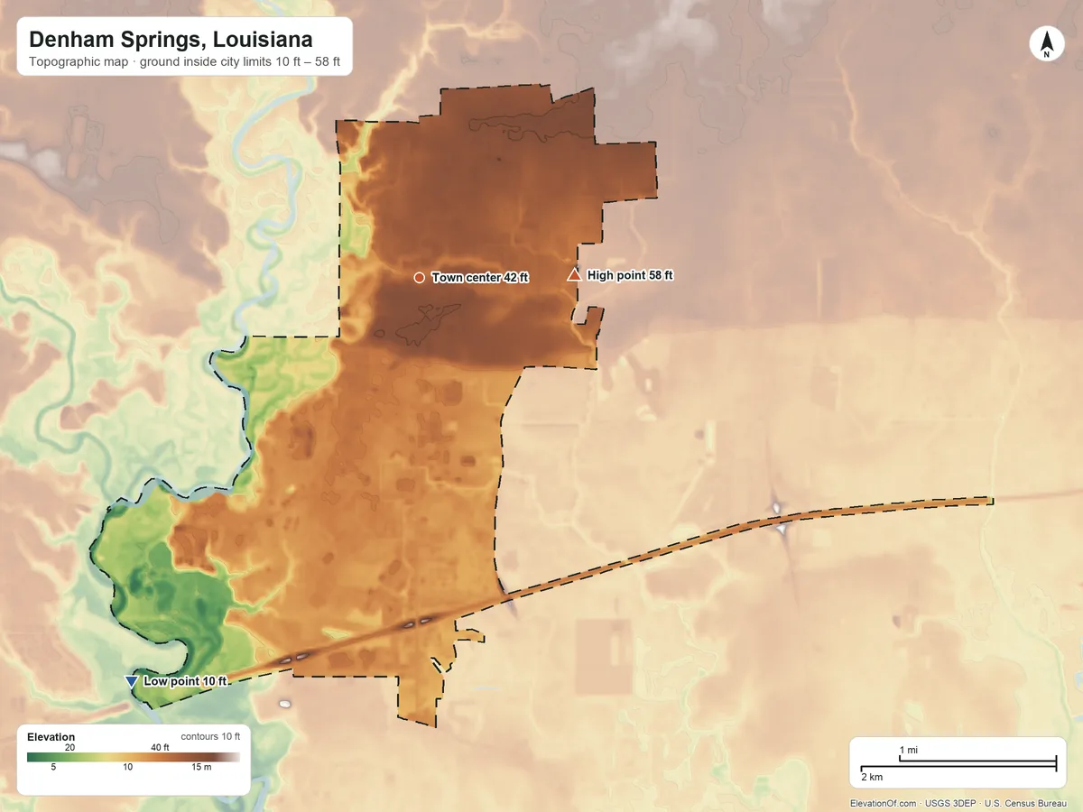 Topographic elevation map of Denham Springs, Louisiana, shaded from 10 ft on the southwest side to 58 ft on the east side