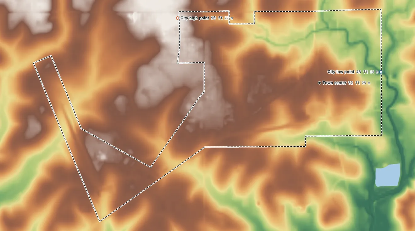 Topographic elevation map of DeQuincy, Louisiana, shaded from 46 ft on the east side to 90 ft on the northwest side
