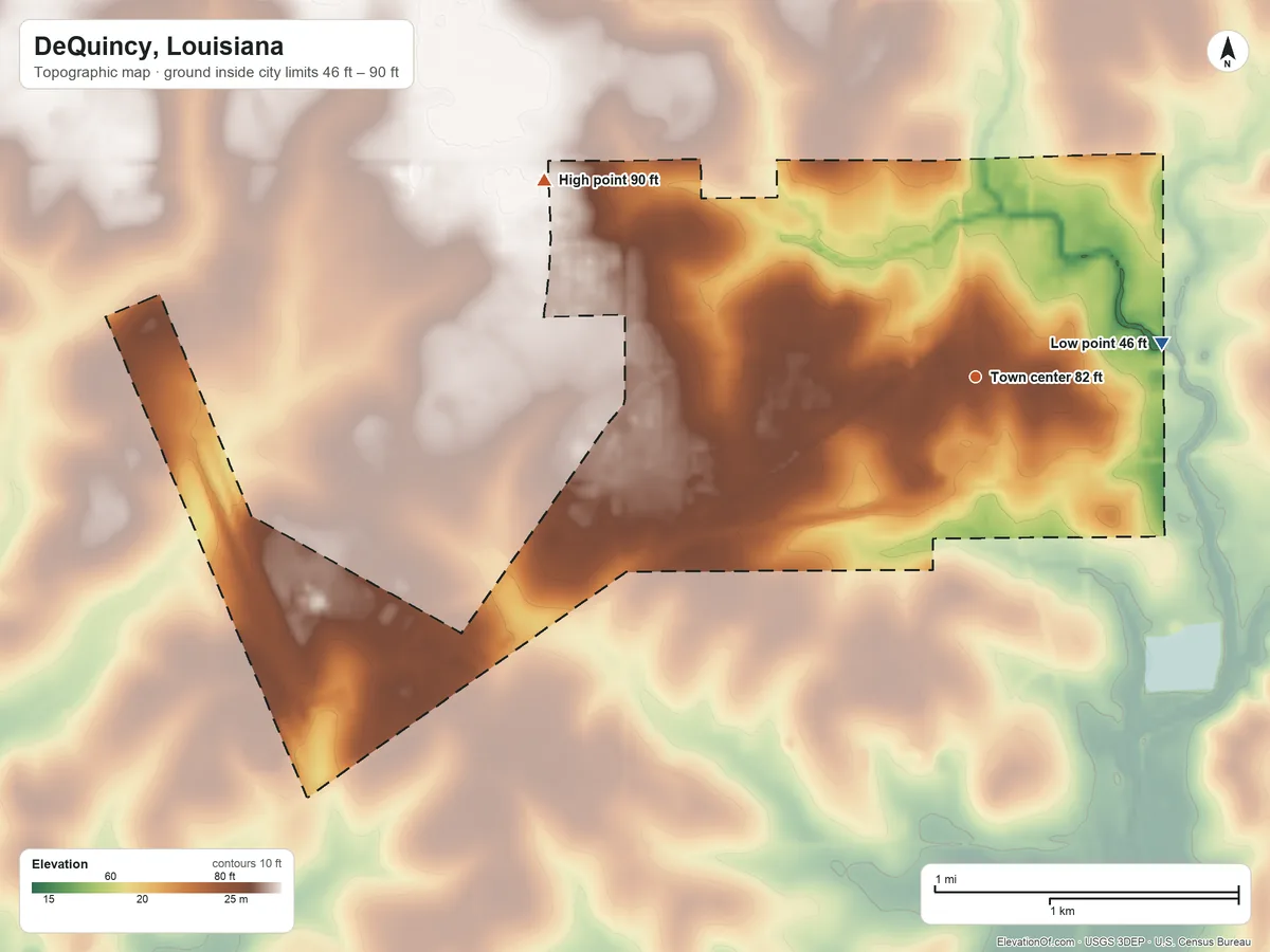 Topographic elevation map of DeQuincy, Louisiana, shaded from 46 ft on the east side to 90 ft on the northwest side