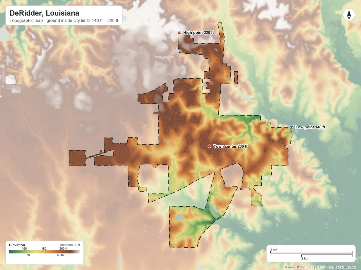 Topographic elevation map of DeRidder, Louisiana, shaded from 140 ft on the east side to 220 ft on the north side