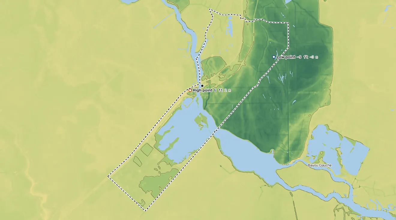 Topographic elevation map of Des Allemands, Louisiana, shaded from −9 ft on the east side to 6 ft near the middle