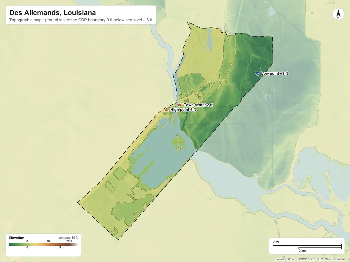 Topographic elevation map of Des Allemands, Louisiana, shaded from −9 ft on the east side to 6 ft near the middle