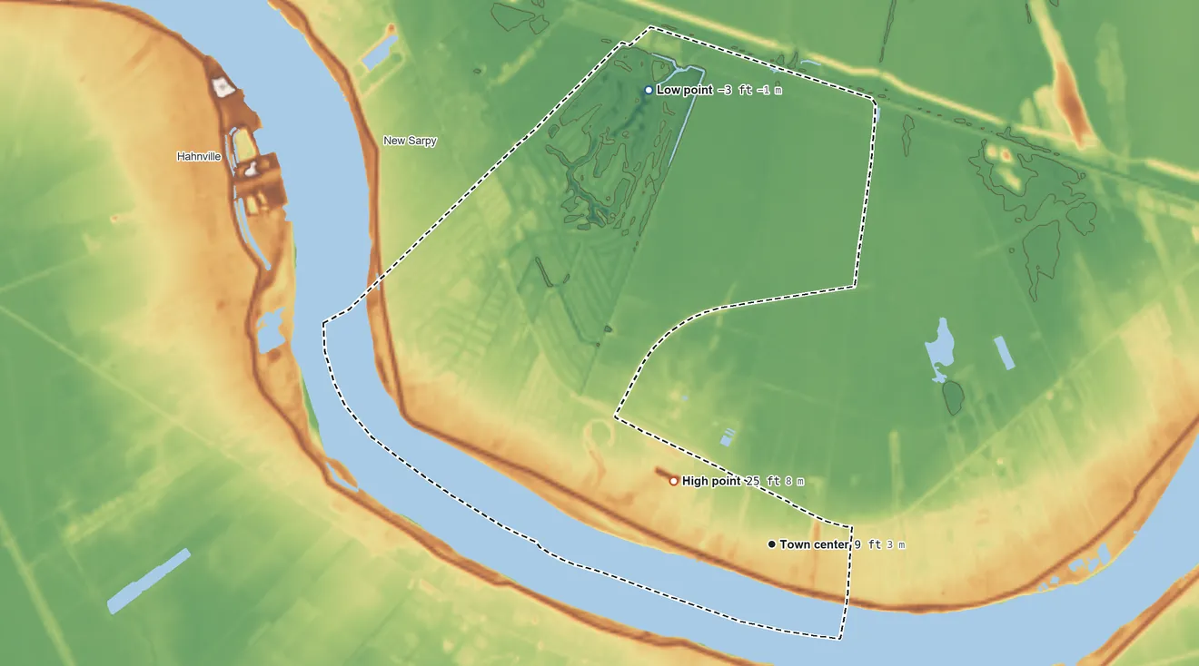 Topographic elevation map of Destrehan, Louisiana, shaded from −3 ft on the north side to 25 ft on the northwest side