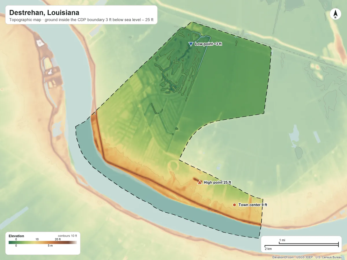 Topographic elevation map of Destrehan, Louisiana, shaded from −3 ft on the north side to 25 ft on the northwest side