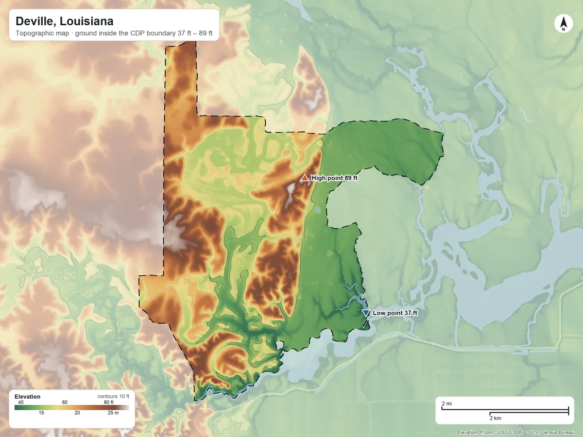 Topographic elevation map of Deville, Louisiana, shaded from 37 ft on the southeast side to 89 ft on the northeast side