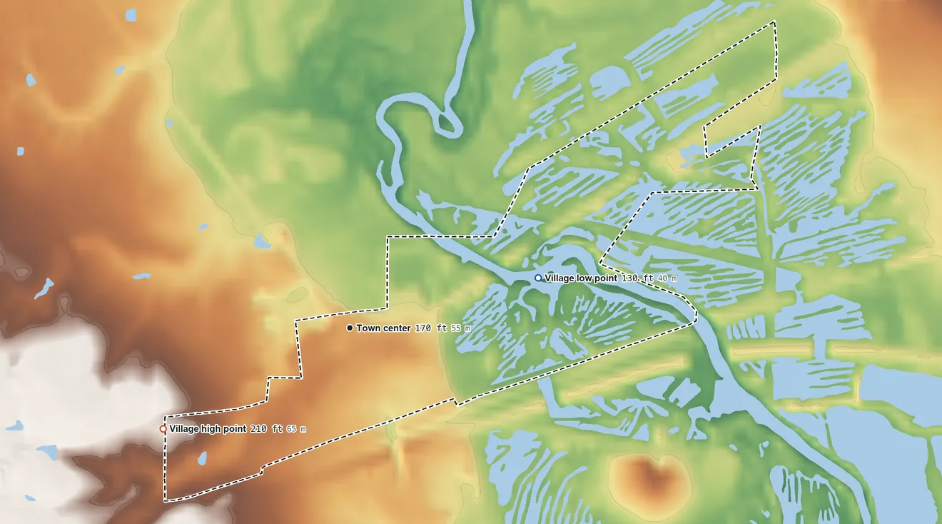 Topographic elevation map of Dixie Inn, Louisiana, shaded from 130 ft on the east side to 210 ft on the southwest side