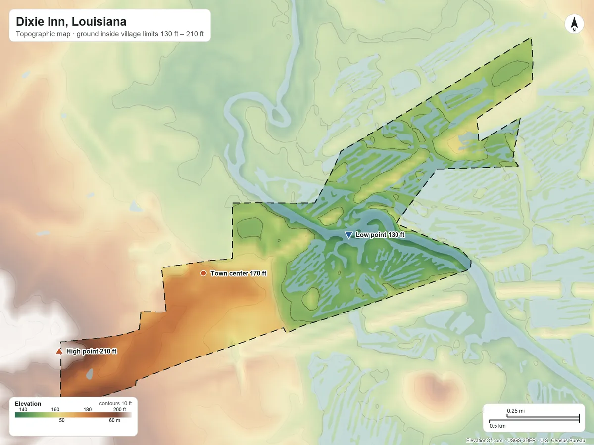 Topographic elevation map of Dixie Inn, Louisiana, shaded from 130 ft on the east side to 210 ft on the southwest side