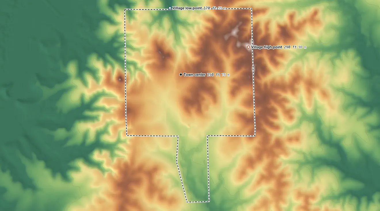 Topographic elevation map of Dodson, Louisiana, shaded from 170 ft on the north side to 290 ft on the east side