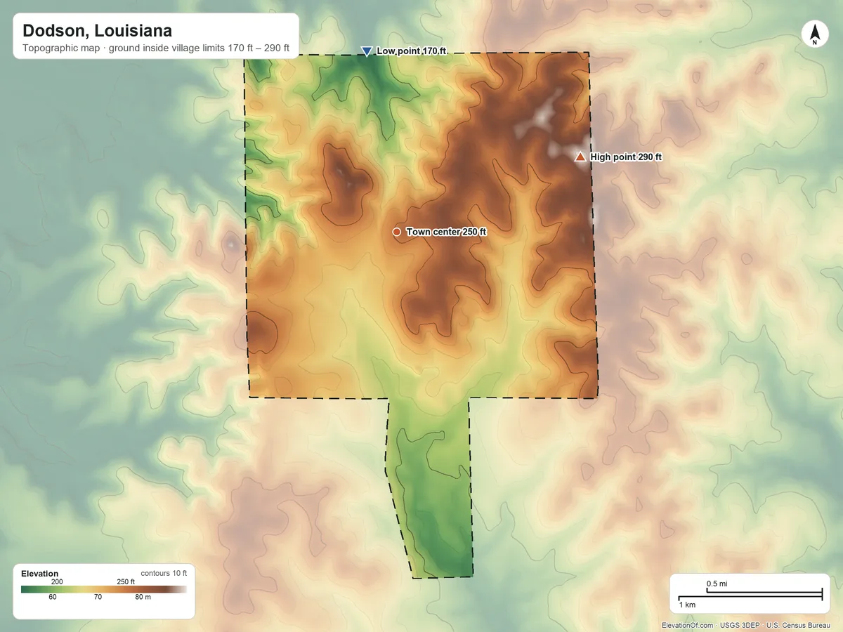 Topographic elevation map of Dodson, Louisiana, shaded from 170 ft on the north side to 290 ft on the east side