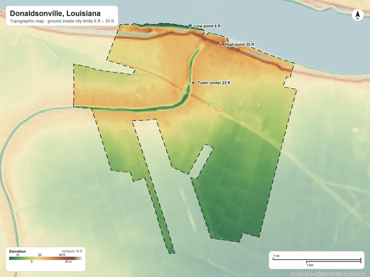 Topographic elevation map of Donaldsonville, Louisiana, shaded from 6 ft on the north side to 35 ft on the northeast side