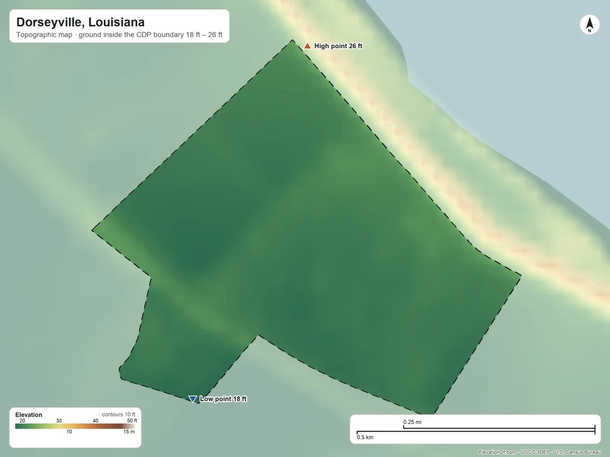 Topographic elevation map of Dorseyville, Louisiana, shaded from 18 ft on the southwest side to 26 ft on the north side