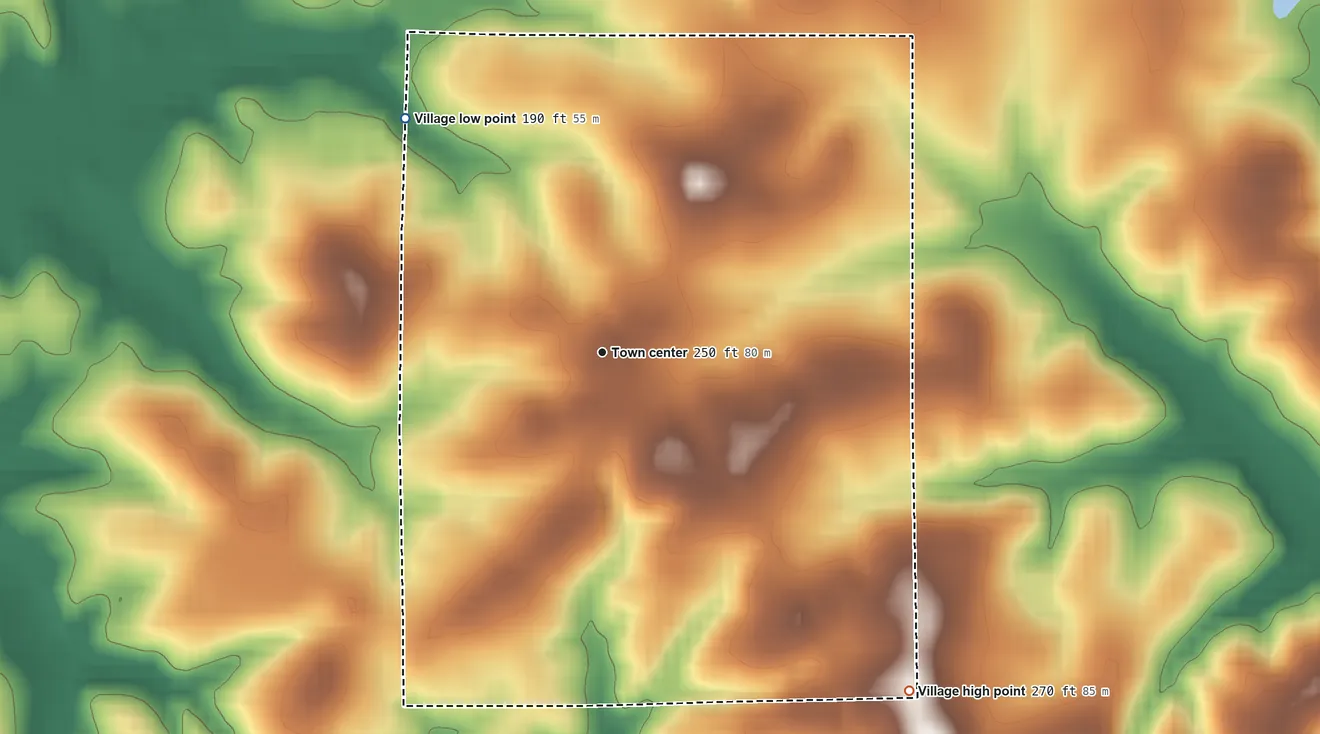 Topographic elevation map of Downsville, Louisiana, shaded from 190 ft on the northwest side to 270 ft on the southeast side