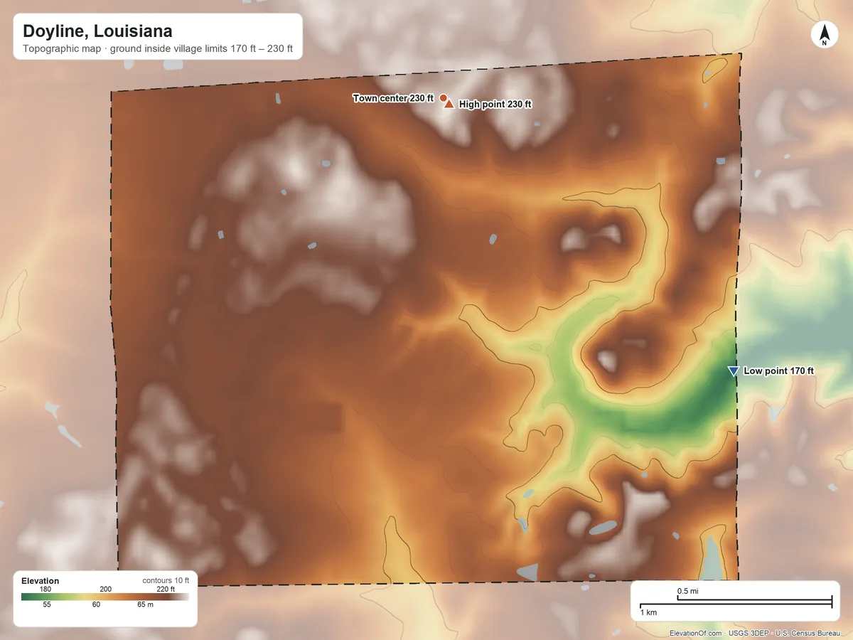 Topographic elevation map of Doyline, Louisiana, shaded from 170 ft on the southeast side to 230 ft near the middle