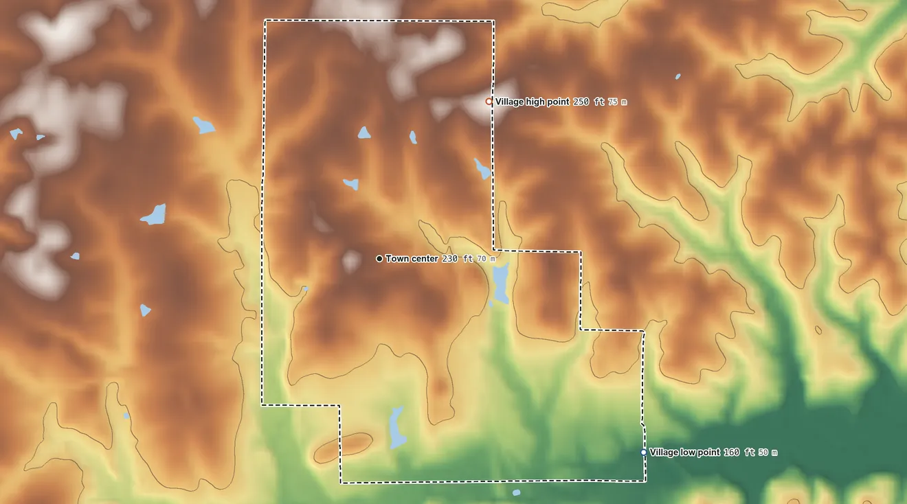 Topographic elevation map of Dry Prong, Louisiana, shaded from 160 ft on the southeast side to 250 ft on the northeast side