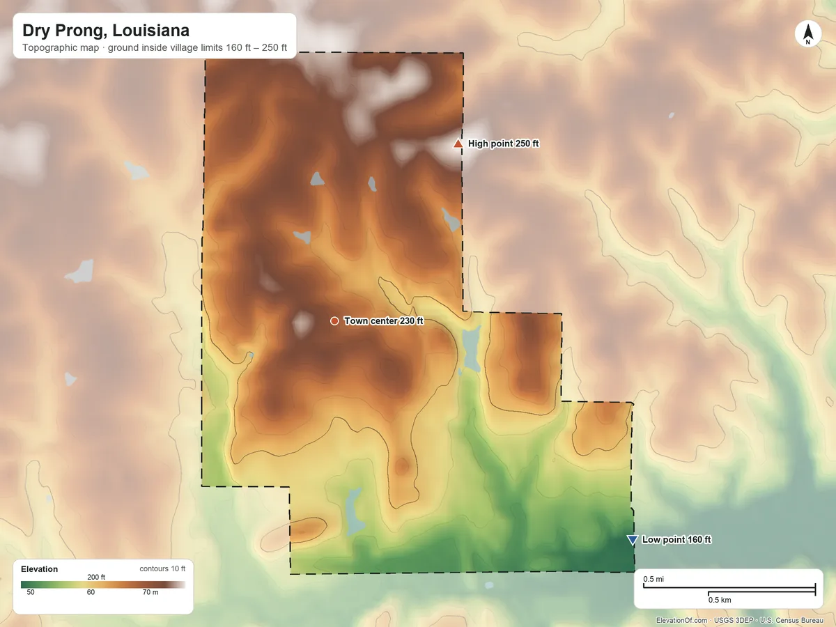 Topographic elevation map of Dry Prong, Louisiana, shaded from 160 ft on the southeast side to 250 ft on the northeast side