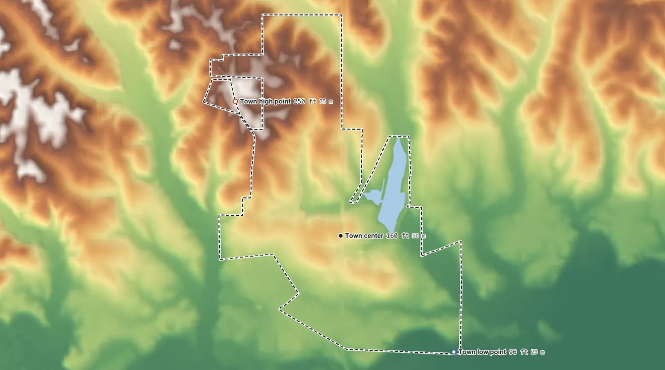 Topographic elevation map of Dubach, Louisiana, shaded from 96 ft on the southeast side to 250 ft on the northwest side
