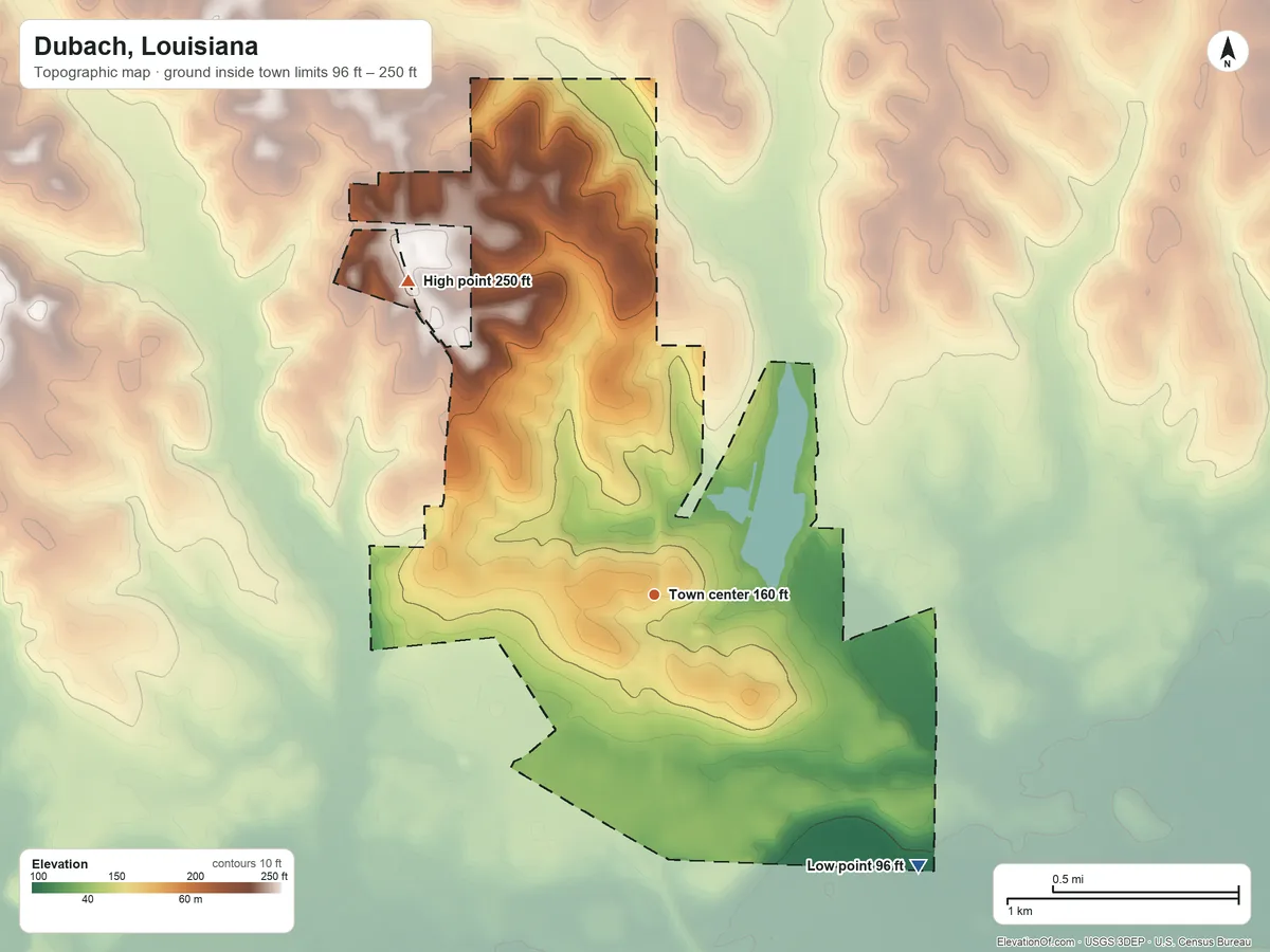 Topographic elevation map of Dubach, Louisiana, shaded from 96 ft on the southeast side to 250 ft on the northwest side