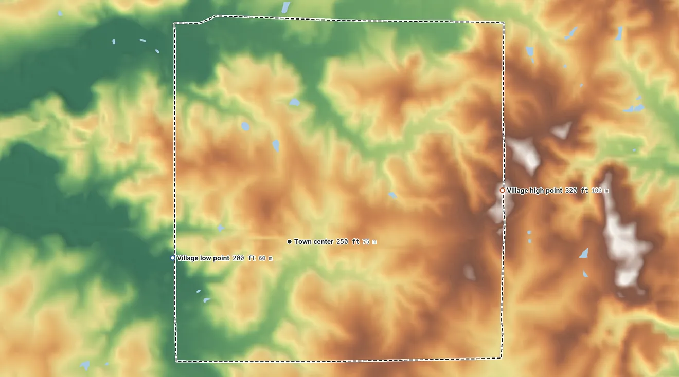 Topographic elevation map of Dubberly, Louisiana, shaded from 200 ft on the west side to 320 ft on the east side