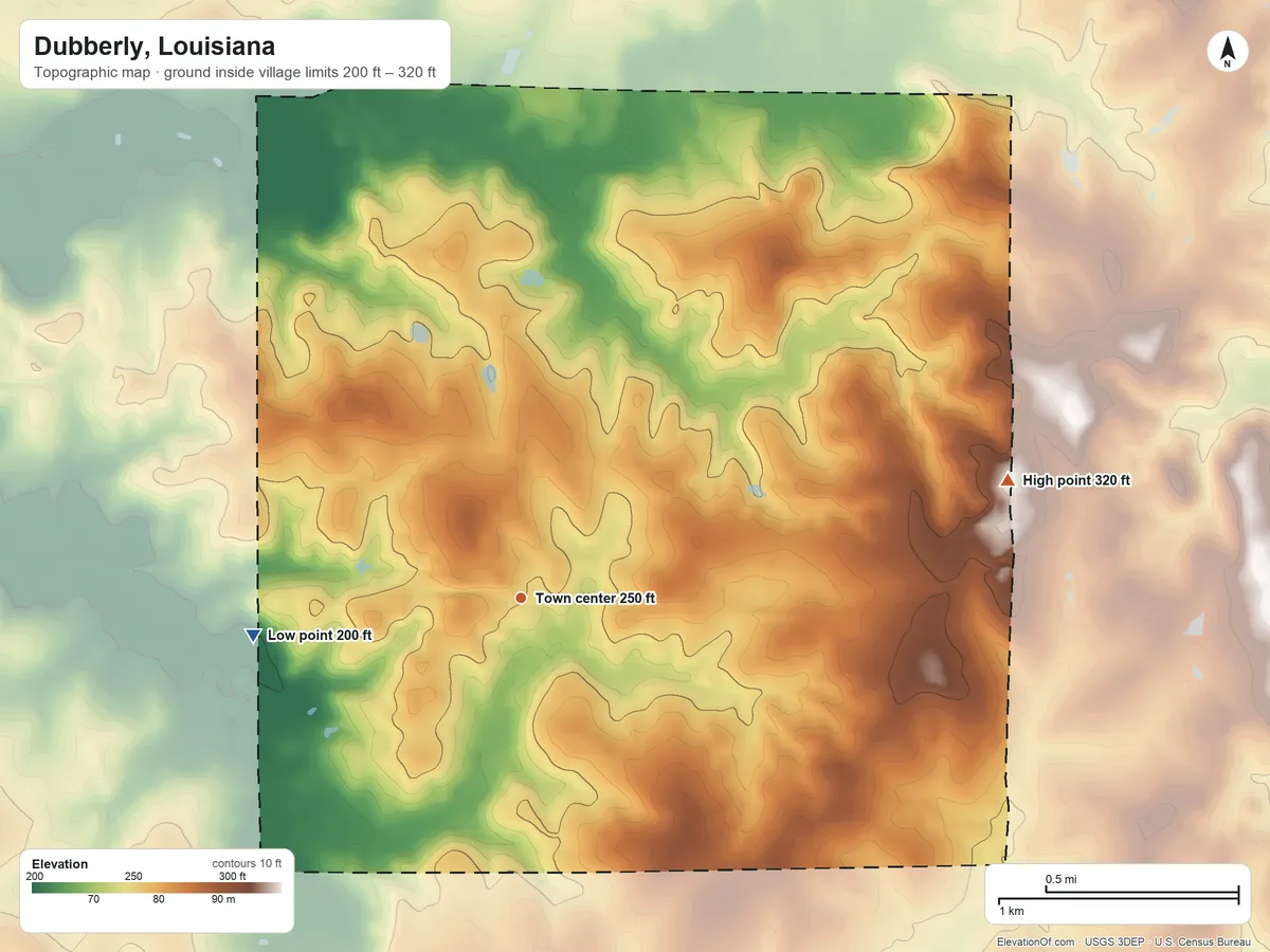 Topographic elevation map of Dubberly, Louisiana, shaded from 200 ft on the west side to 320 ft on the east side