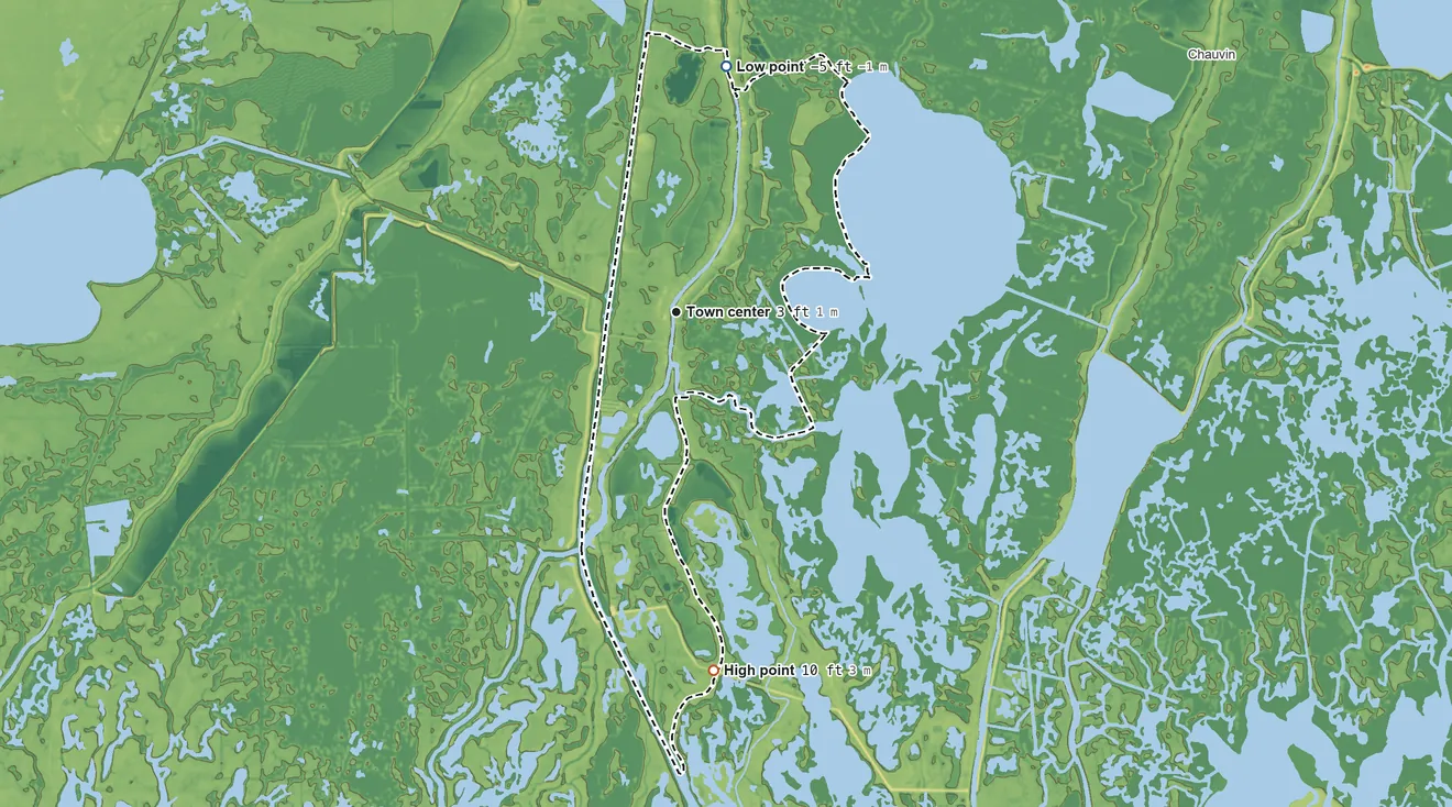 Topographic elevation map of Dulac, Louisiana, shaded from −5 ft on the north side to 10 ft on the south side