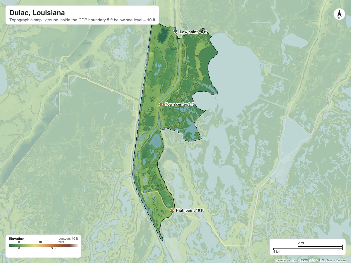 Topographic elevation map of Dulac, Louisiana, shaded from −5 ft on the north side to 10 ft on the south side