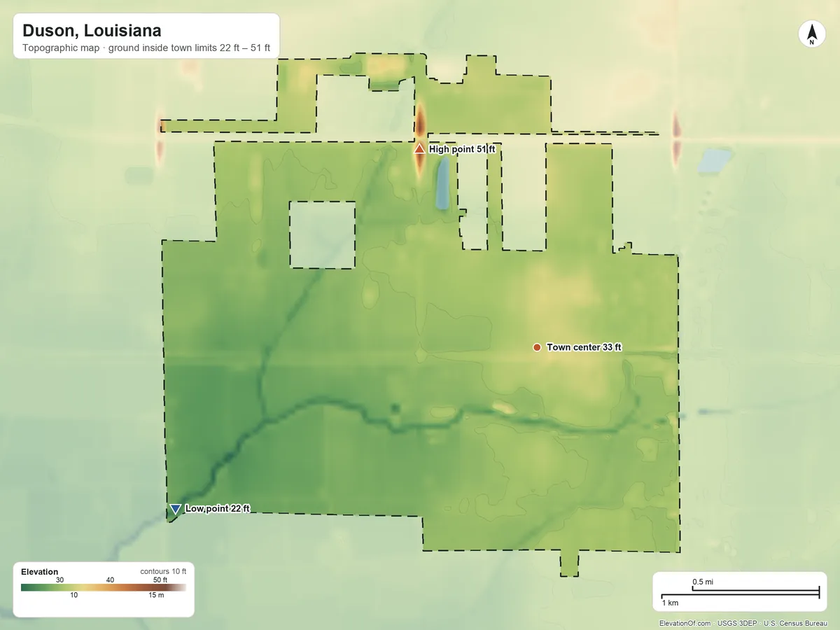 Topographic elevation map of Duson, Louisiana, shaded from 22 ft on the southwest side to 51 ft on the northwest side