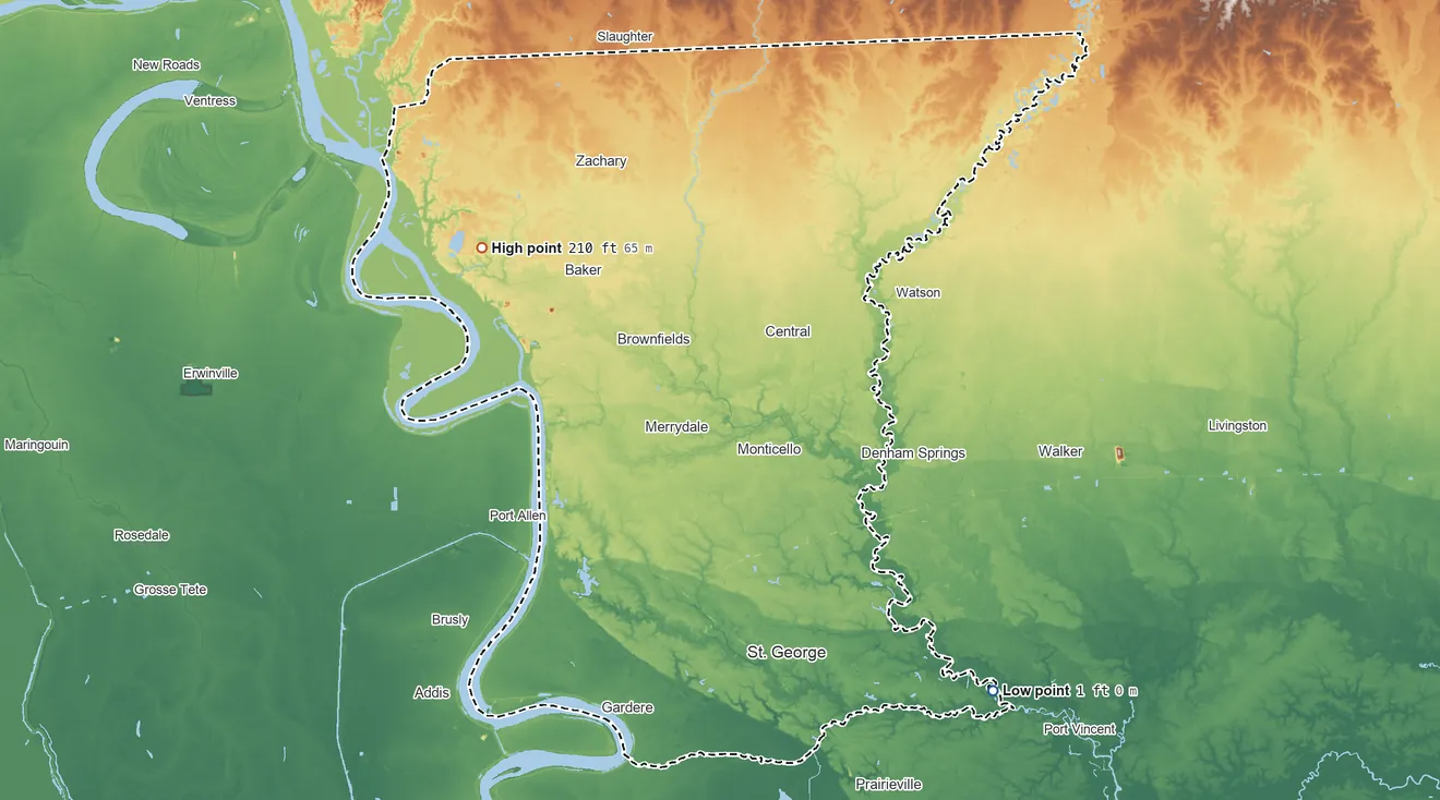 Topographic elevation map of East Baton Rouge Parish, Louisiana, shaded from 1 ft on the southeast side to 210 ft on the northwest side