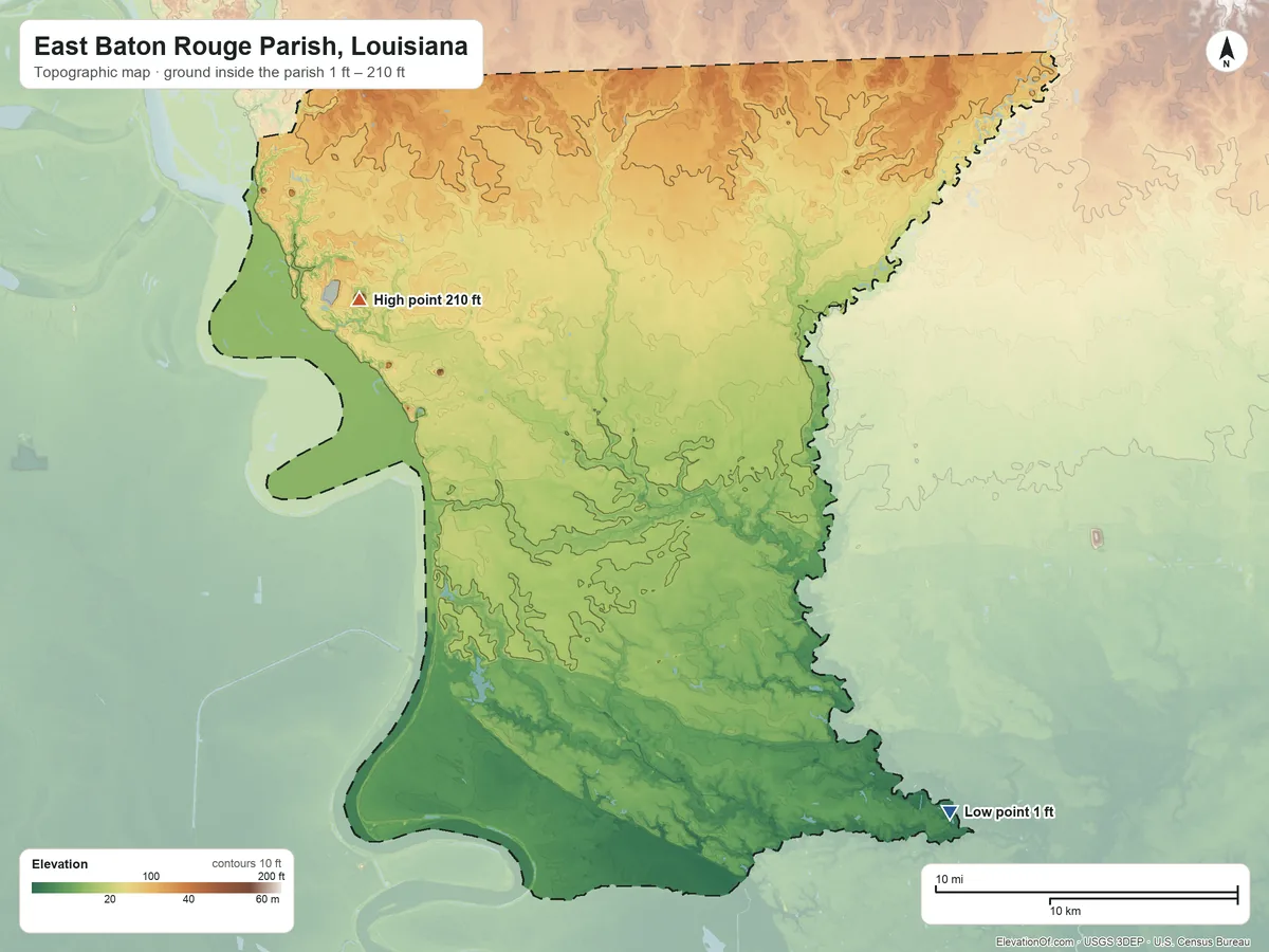 Topographic elevation map of East Baton Rouge Parish, Louisiana, shaded from 1 ft on the southeast side to 210 ft on the northwest side