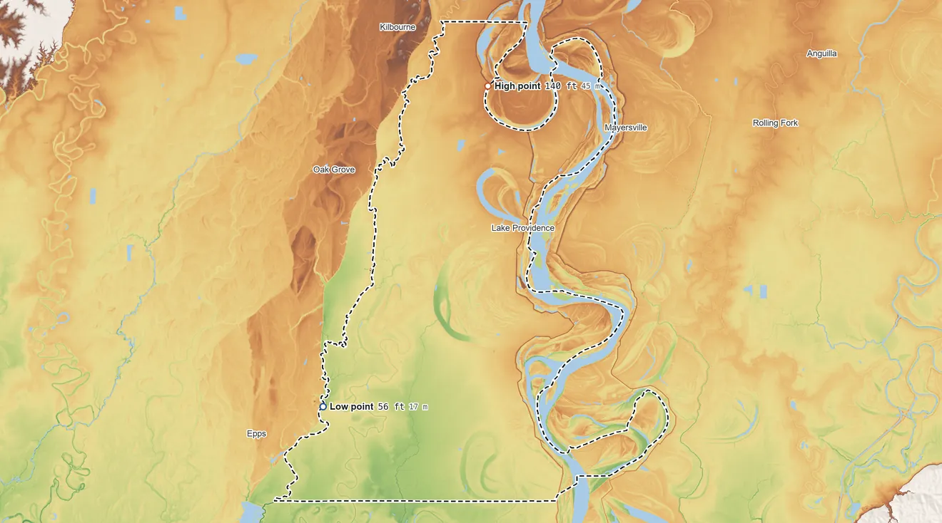 Topographic elevation map of East Carroll Parish, Louisiana, shaded from 56 ft on the southwest side to 140 ft on the north side